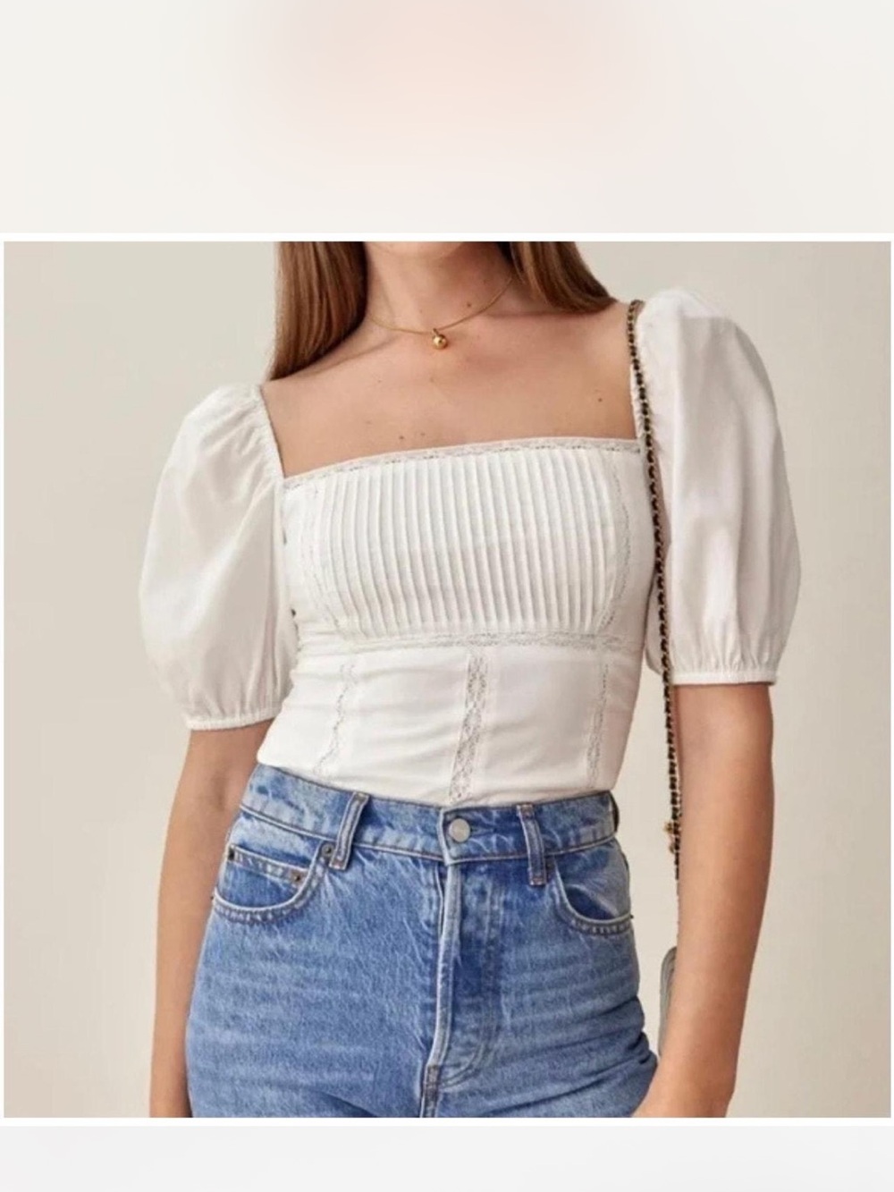 Reformation White Square-Neck Puff Sleeve Top